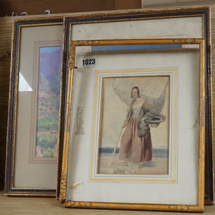 Victorian School, watercolour, Study of a Cornish fisherwoman with a fishing net and two later landscapes pastel landscapes. Condition - fair